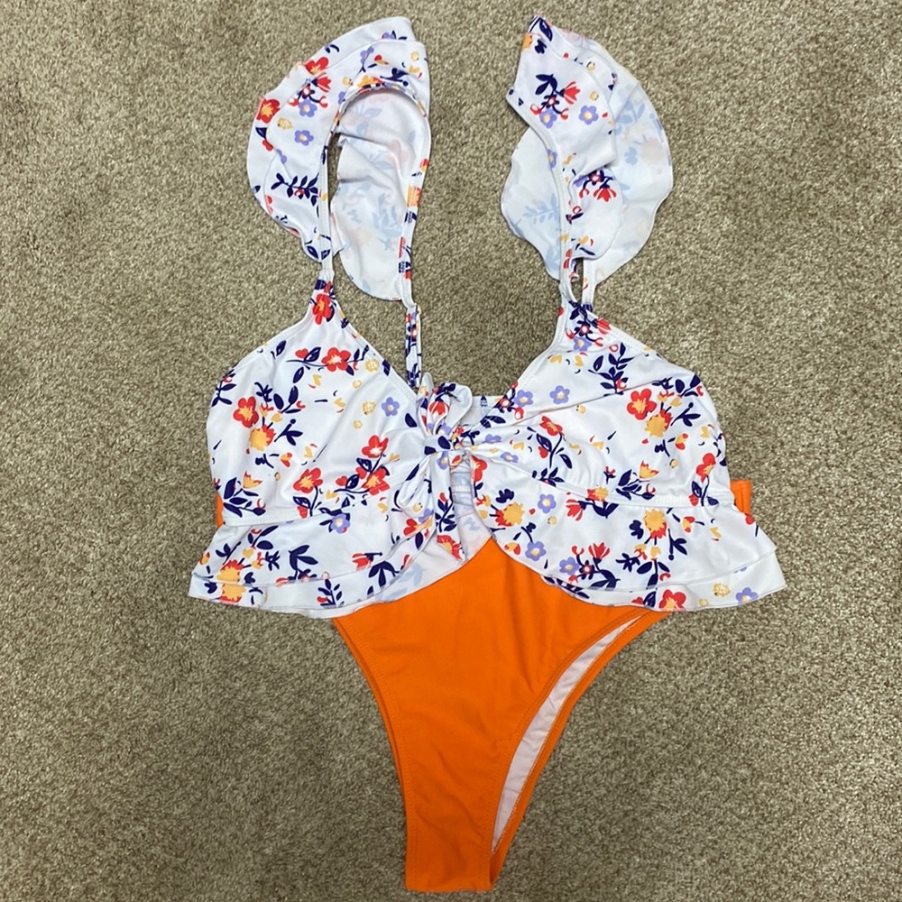 Ruffle top bikini- floral top with solid high waisted bottoms. Never been worn